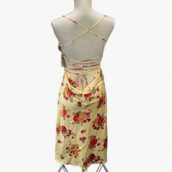 Danielle Bernstein Golden Hour Yellow Red Floral Tie Back Satin Dress NWOT XS - Picture 9 of 16